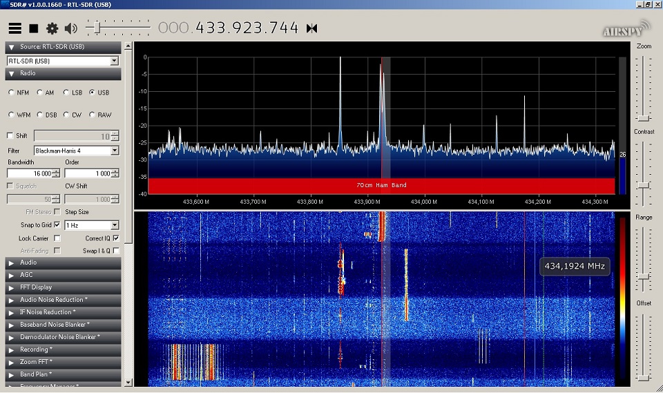 Базовый дианазон 433 МГц - наблюдаются сильные сигналы неустановленных передатчиков. antenna eggbeater self made rtl sdr radio test 433mhz.