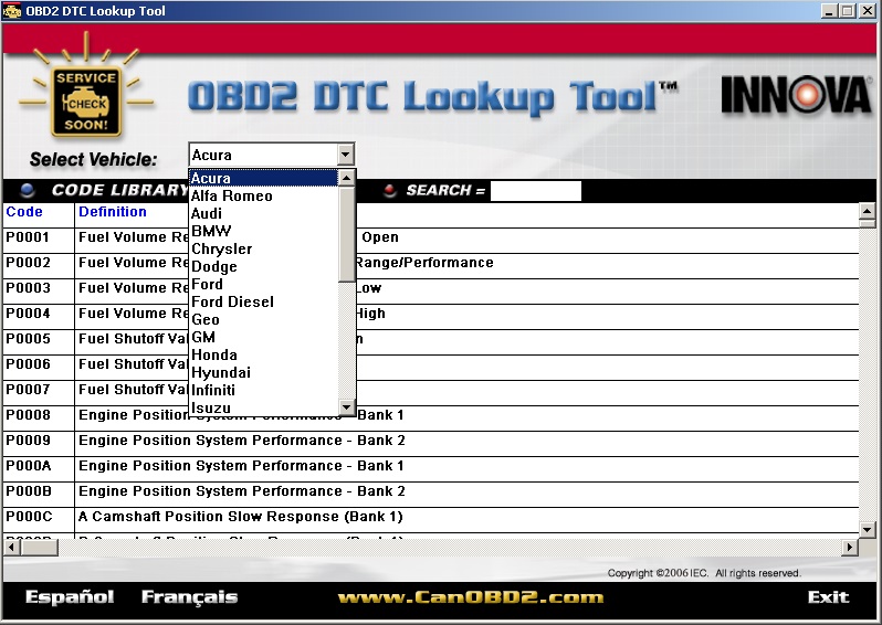 OBD-PC Link, база кодов диагностики OBD2 DTC Lookup Tool. diagobd innova obd2 dtc lookup.