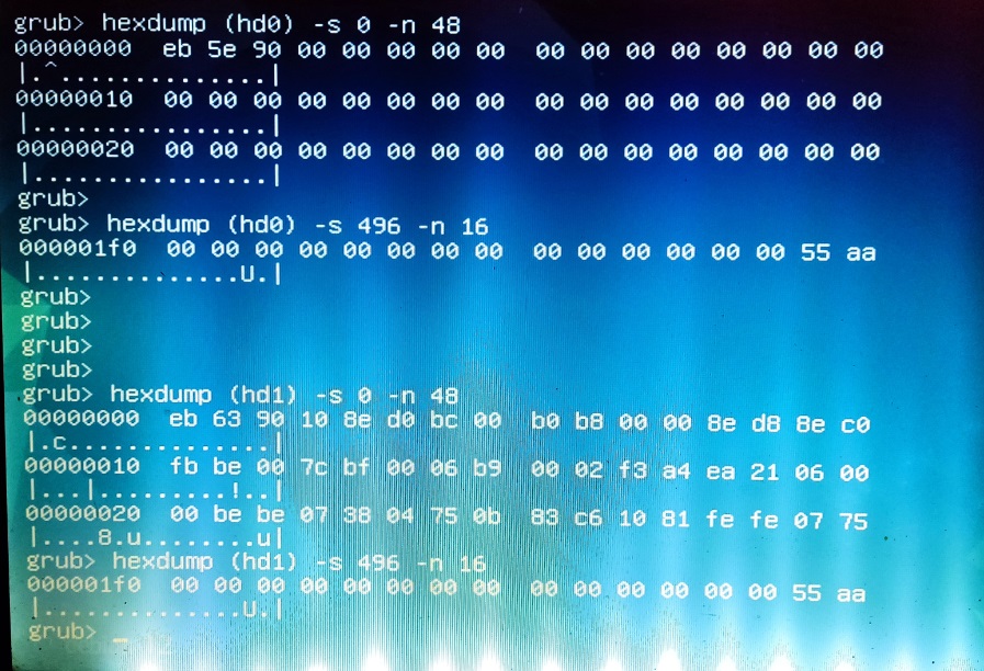 Hex дамп первого сектора ntfs grldr Windows и ext2fs grub2 Linux жестких дисков. boot linux livecd from hdd fig 200 hexdump hd0 hd1.