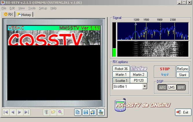 Тестовый звуковой сигнал SSTV телевидения из программы MMSSTV - открытый в программе RX-SSTV.