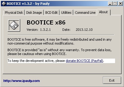 BootIce. About. Окно - о программе. Предупреждения об использовании и потери данных. record hdd bootice disk about.