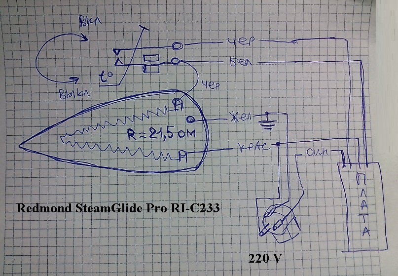 Приблизительная электрическая схема и соединение проводов с платой. steam iron redmond ri c233 how disasm wiring schematic.
