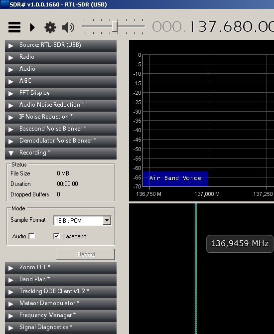 RTL-SDR / Audio Recorder, встроенная запись аудио в файл, настройки по умолчанию.