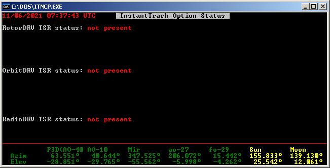 Программа InstantTrack v1.50. Окно статуса TSR драйверов. RotorDrv. OrbitDrv. RadioDrv. 31 instant track soft info 03.