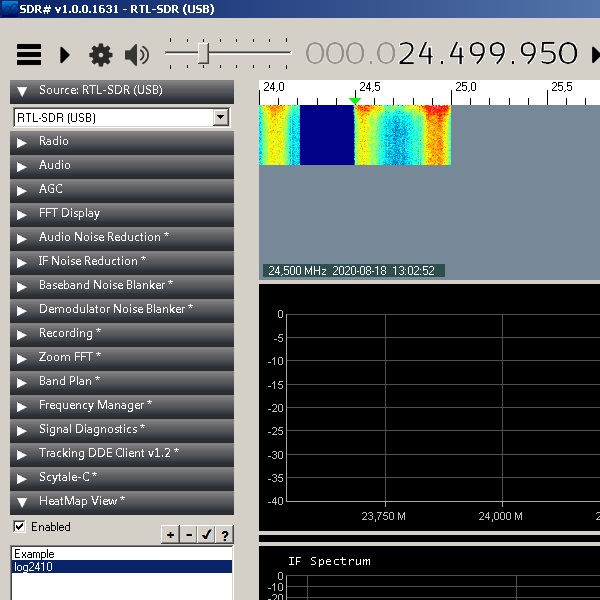 Пример создания тепловой карты спектра внутренних шумов RTL-SDR в диапазоне 24 - 25 мГц. use sdr plugin heatmap 24mhz.