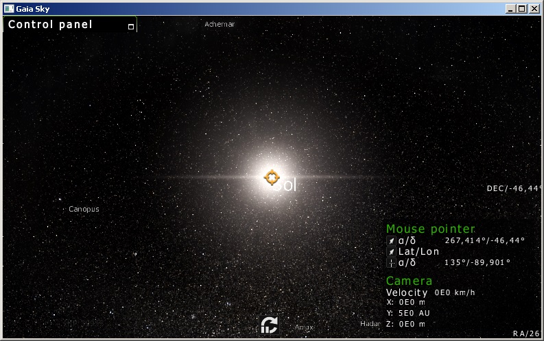 Программа Gaia Sky, загружен минимальный звездный каталог. gaiasky 50.